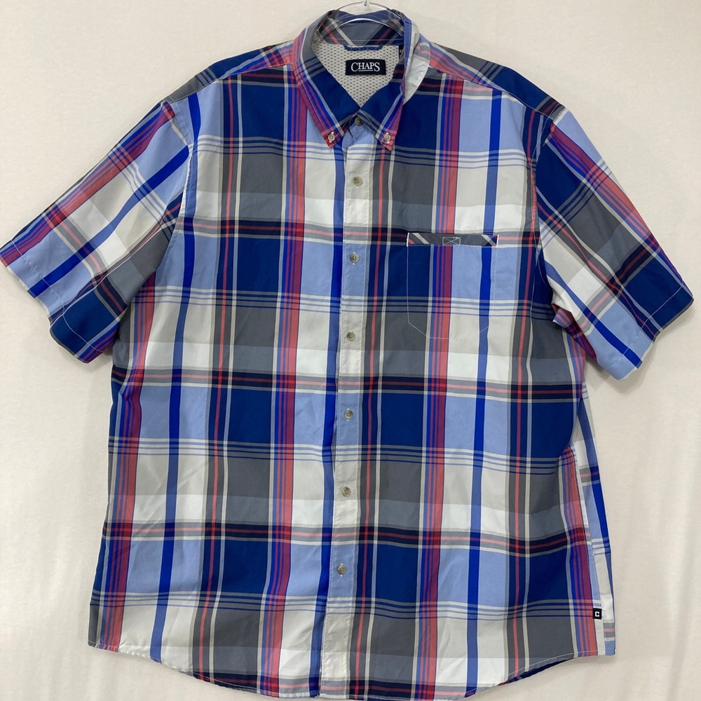 Chaps‎ Mens Button Down Shirt XXL Blue Plaid Short Sleeve Casual Outdoor